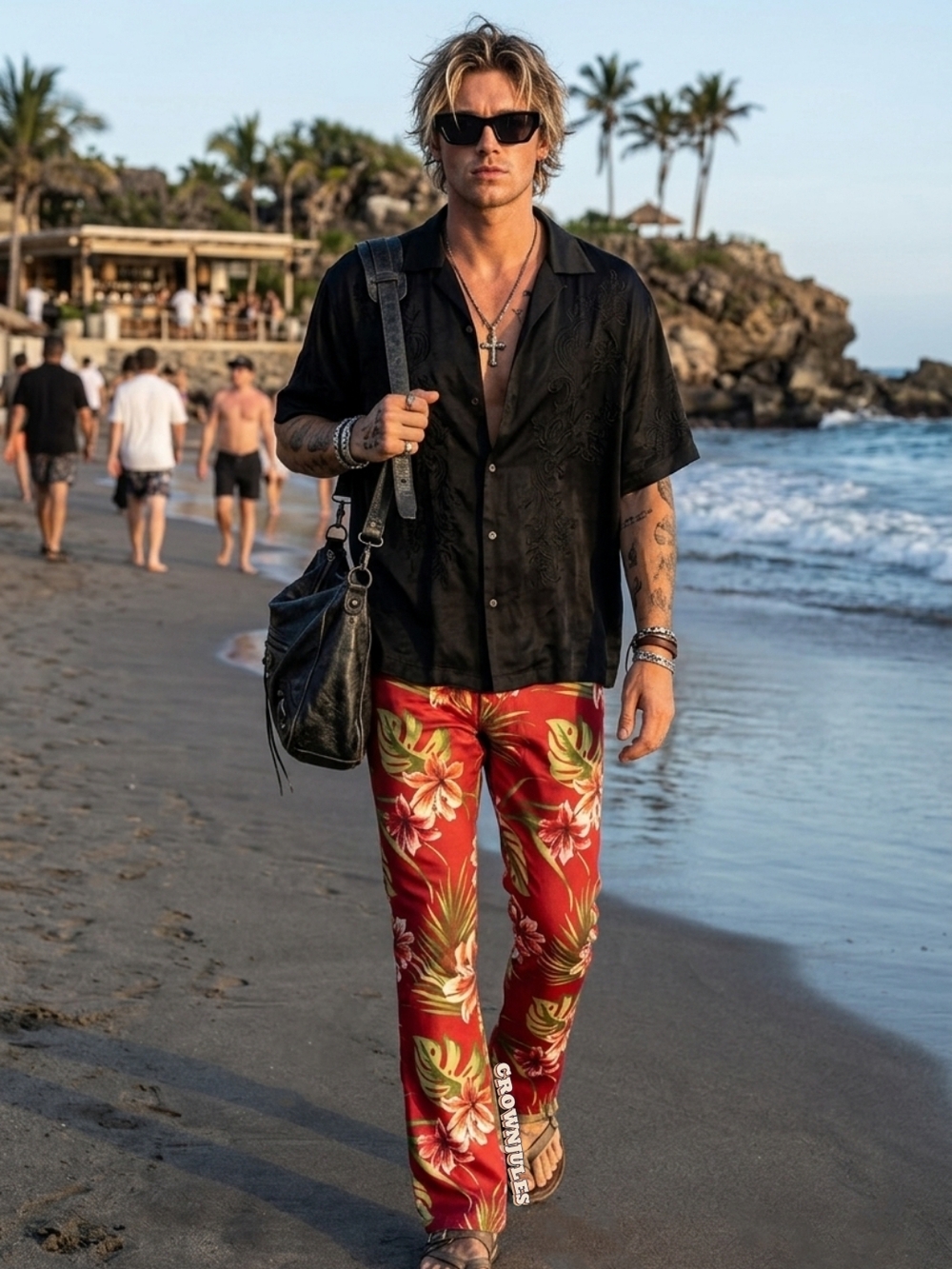 Men's Summer Jeans Floral Tropical Print Golden Los Angeles Denim Pants